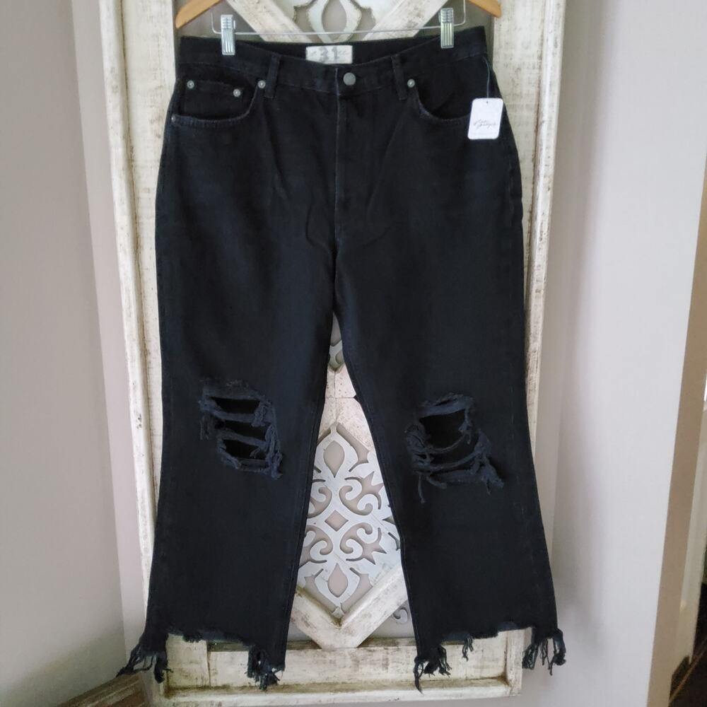Free People Maggie Mid Rise Straight Denim Jeans Button Fly Washed Black Size 28